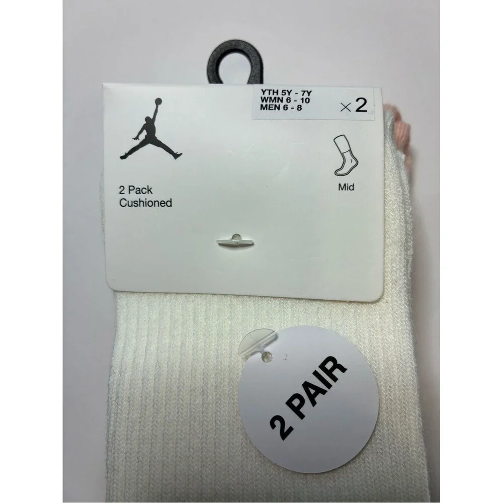 Jordan 2-Pack White Cushioned Crew Socks with pink Embroidery youth 5Y-7Y new